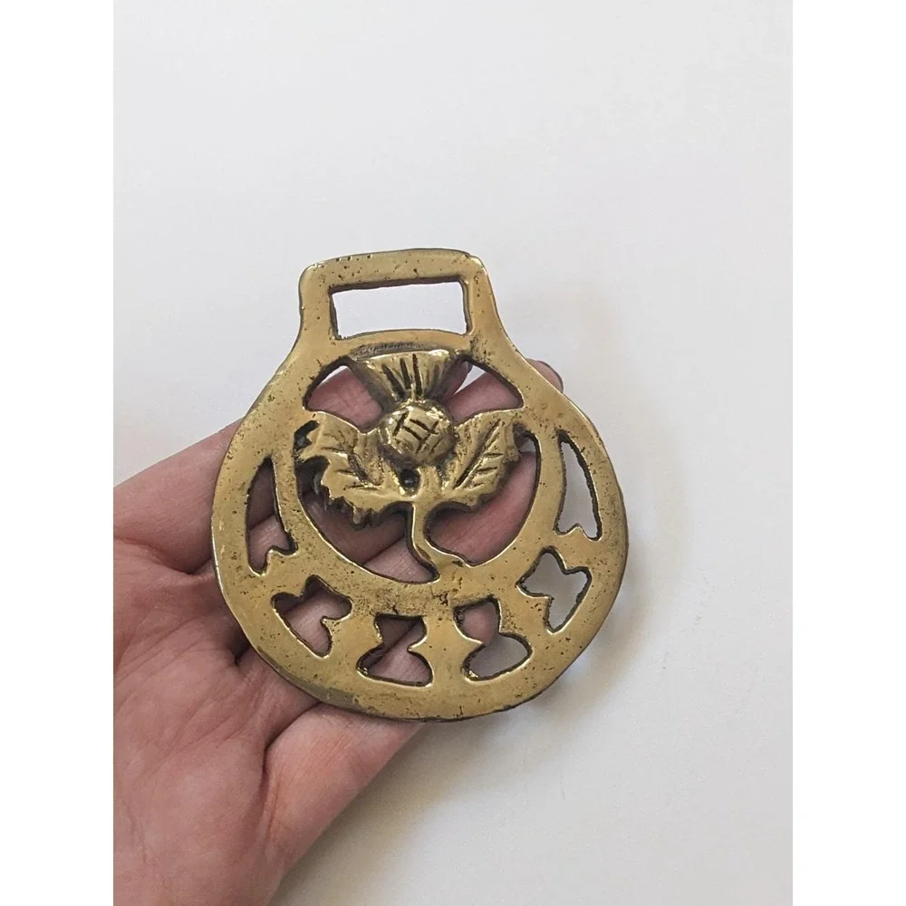 Vintage Brass Horse Medallion Scottish Scotch Thistle Flower Harness Tack 3.25
